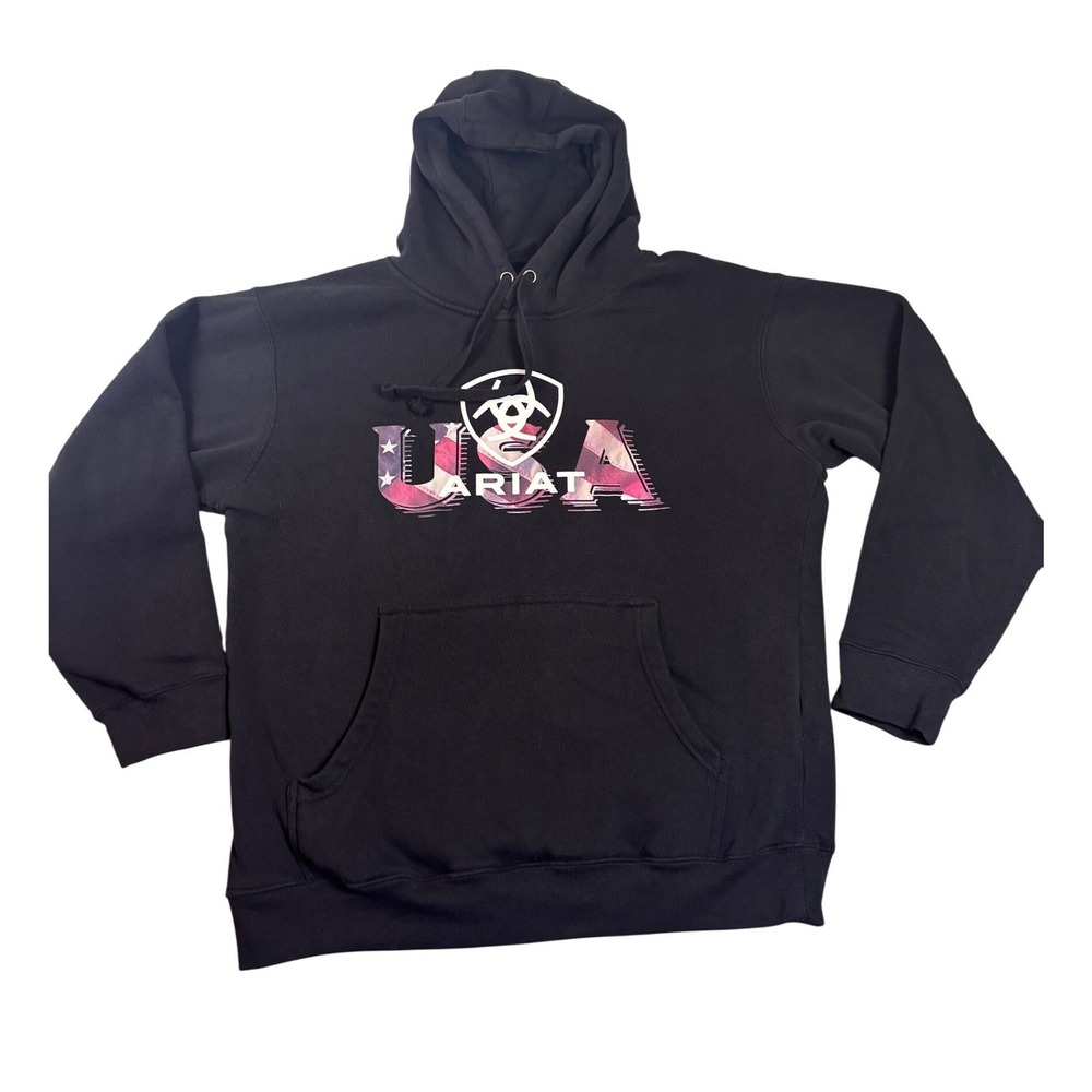 Ariat Hoodie Men Medium Black‎ Excellent USA Flag Graphic Sweatshirt Logo